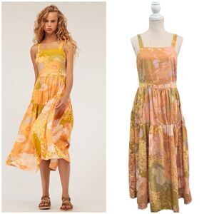 Oysho Orange Dress Size Large Midi Floral Tiered Cottagecore Sleeveless Chic